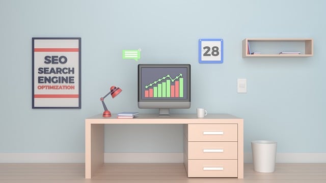un bureau avec une affiche Search Engine Optimization sur le mur