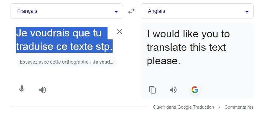 un exemple de traduction avec Google trad