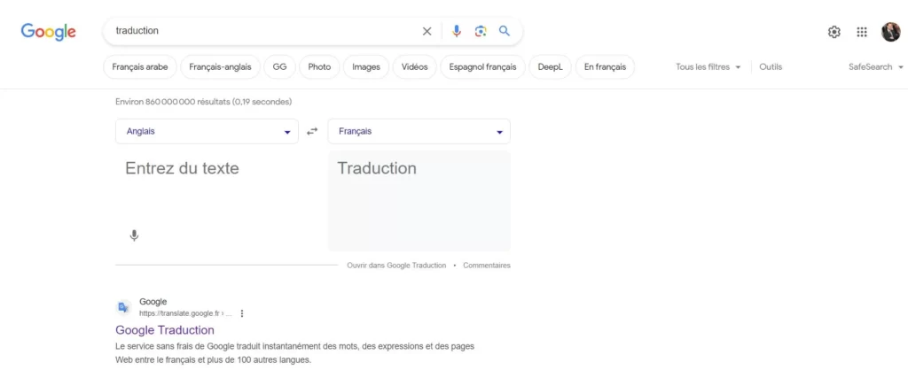 Google traduction dans Google lors d'une recherche