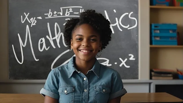 une jeune fille devant un tableau avec des formules mathématiques dessus